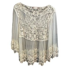 Altar’d State Small See-Through Mesh/Lace Cream Blouse w/ Flowy Sleeves